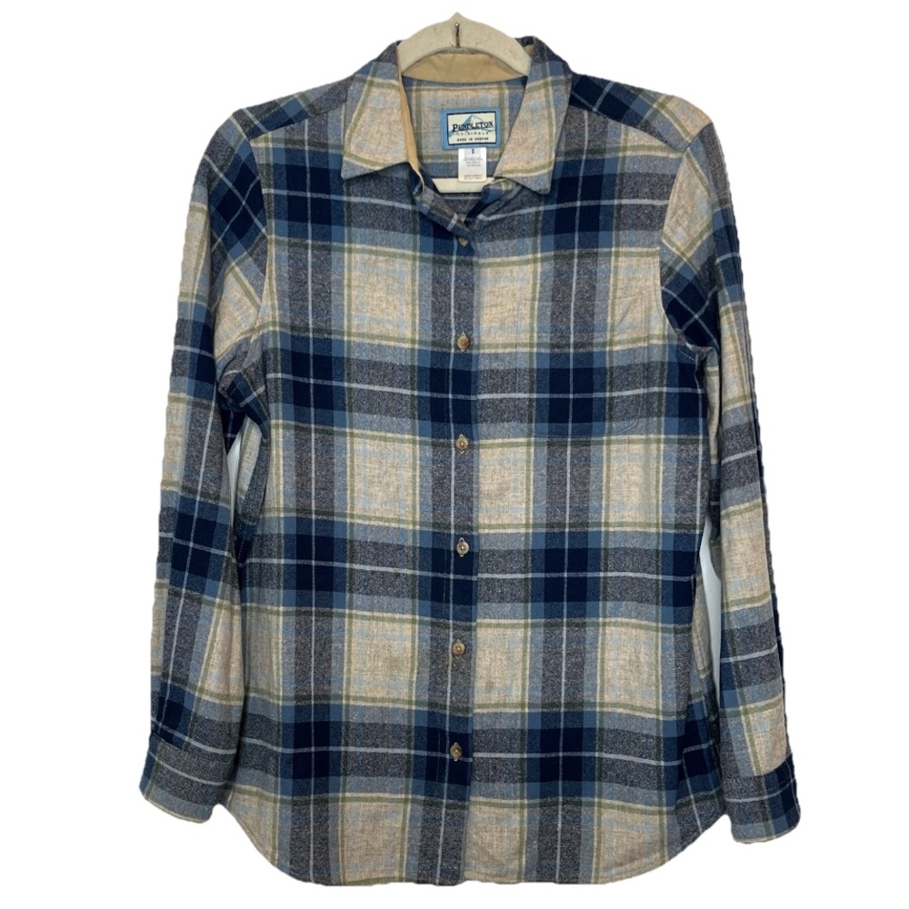 Pendleton 100% Wool Shirt Men Small Blue Plaid Button Up Classic Work Outdoor